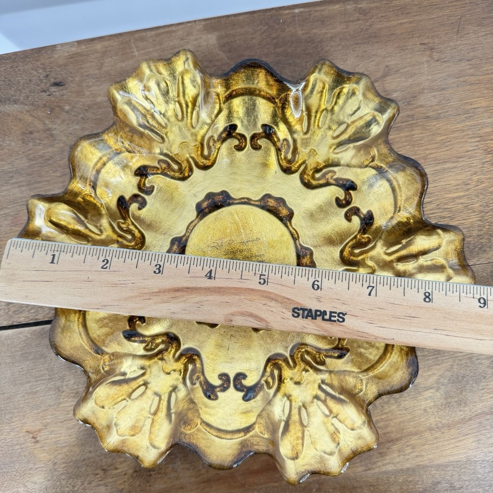 Red Pomegranate Gilded Glass‎ Centerpiece Bowl Handmade Turkey Gold Ruffled 9" - Picture 5 of 6
